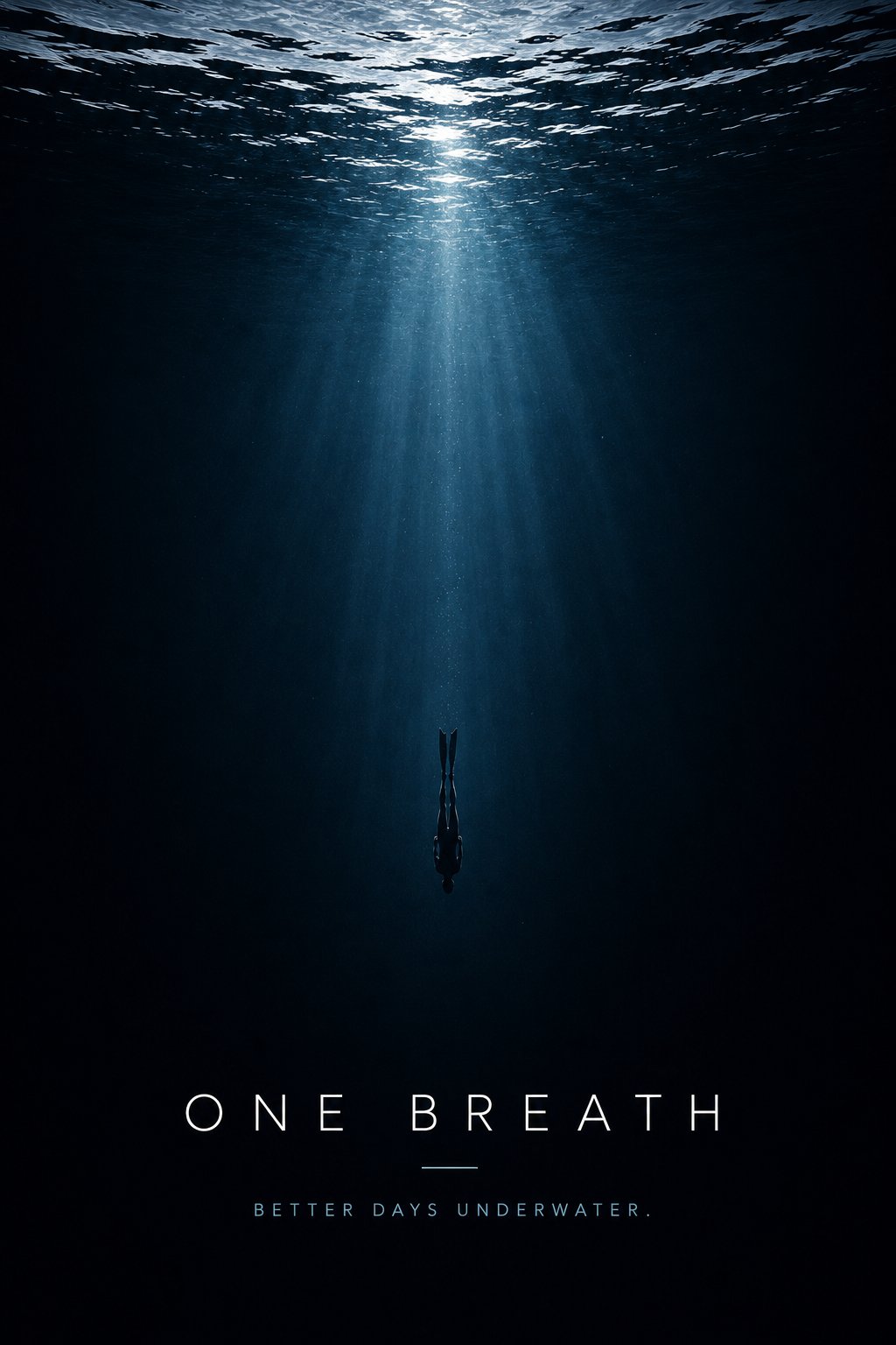 A lone freediver descending into deep blue water lit by a shaft of sunlight from the surface, with the words One Breath — Better Days Underwater.